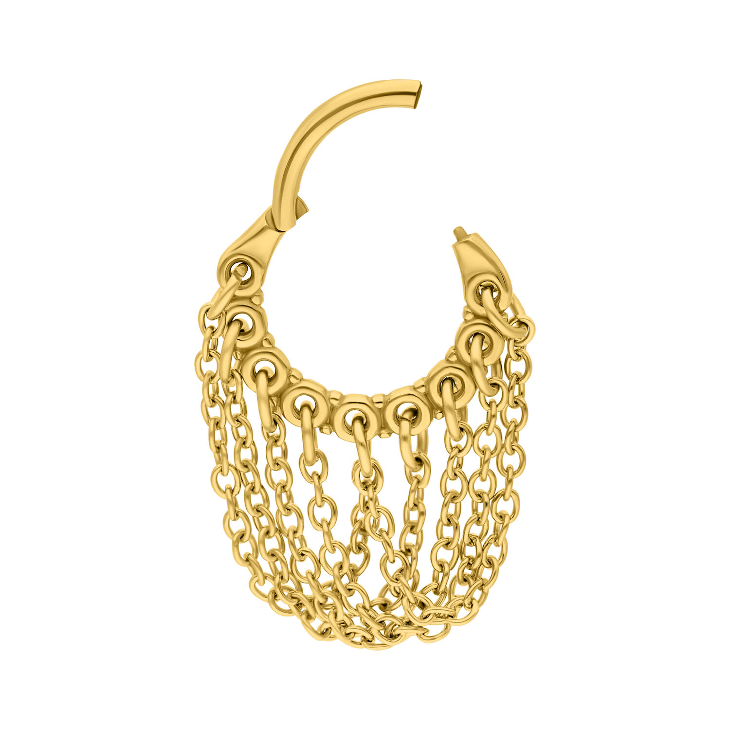 Anello piercing dorato con catene su sfondo bianco
