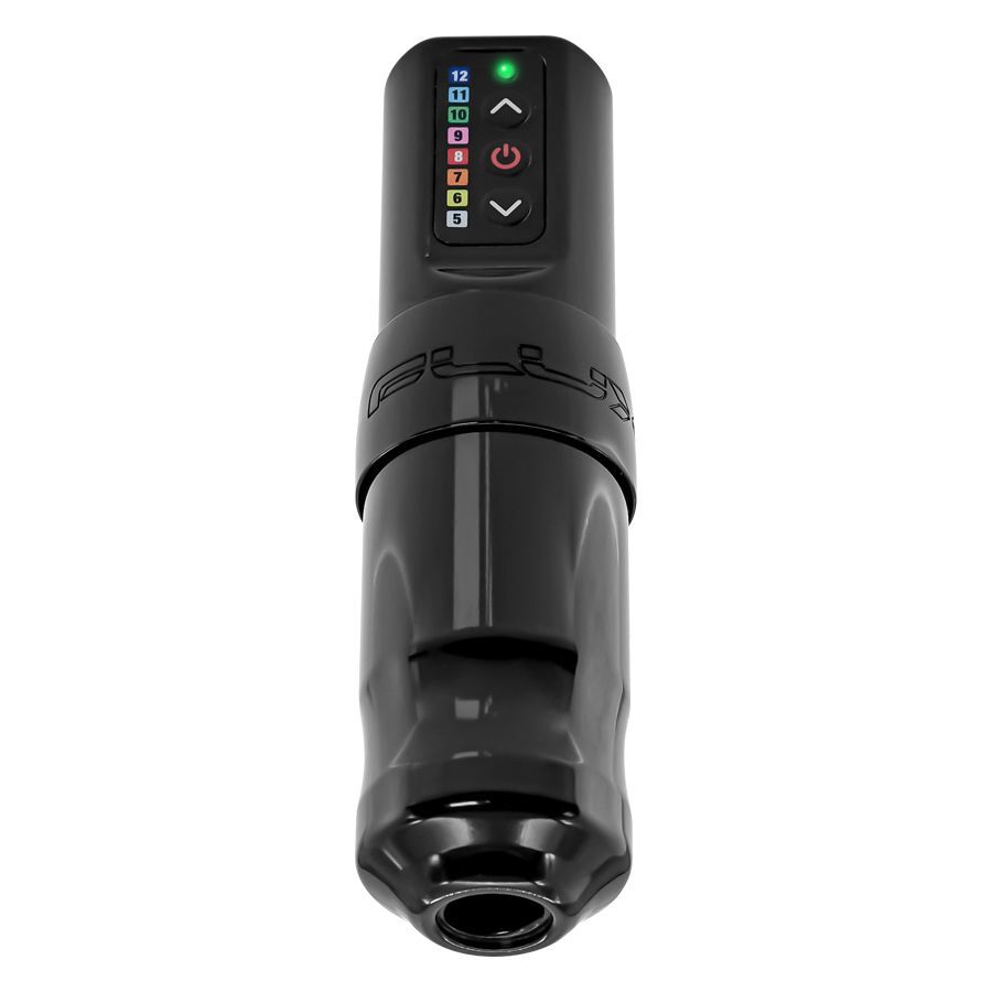 Macchina per tatuaggi FK Irons Spektra Flux nera su sfondo bianco