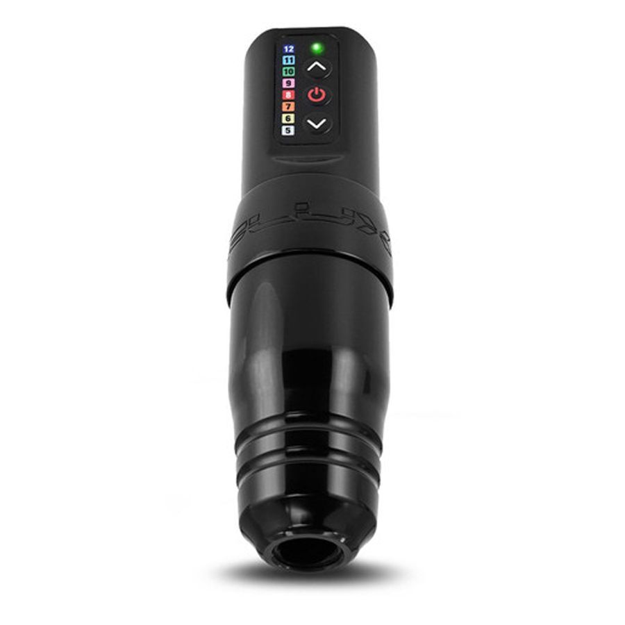 Macchina per tatuaggi FK Irons Flux S nera con comandi digitali su sfondo bianco