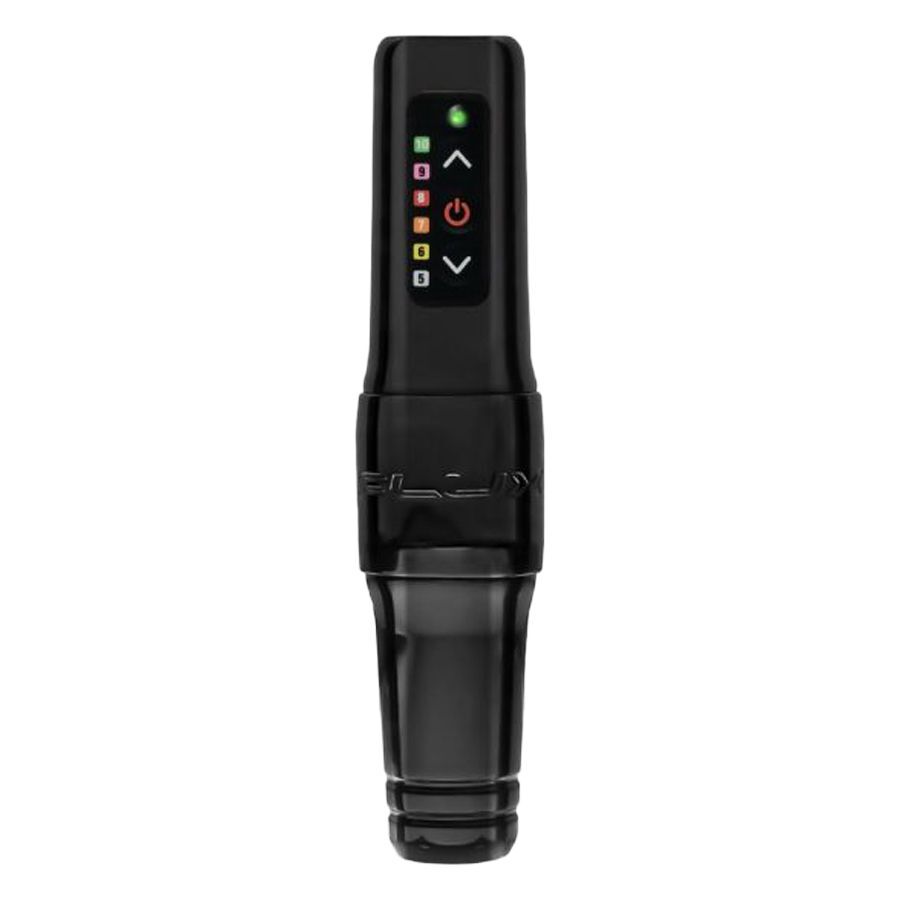 FK Irons Microbeau Flux Mini in Nero Macchina per tatuaggi FK Irons Microbeau Flux Mini nera su sfondo bianco