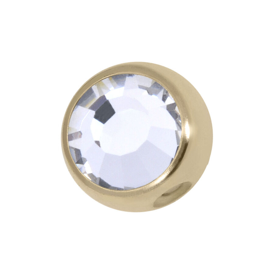 Sfera in titanio dorato con cristallo, 5mm Sfera in titanio dorato, 5mm, con pietra cristallina su sfondo bianco