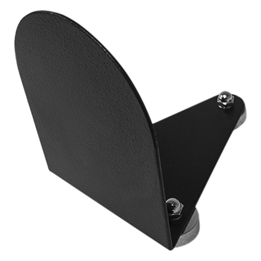 Supporto Atom nero con base triangolare e supporto laterale su sfondo bianco