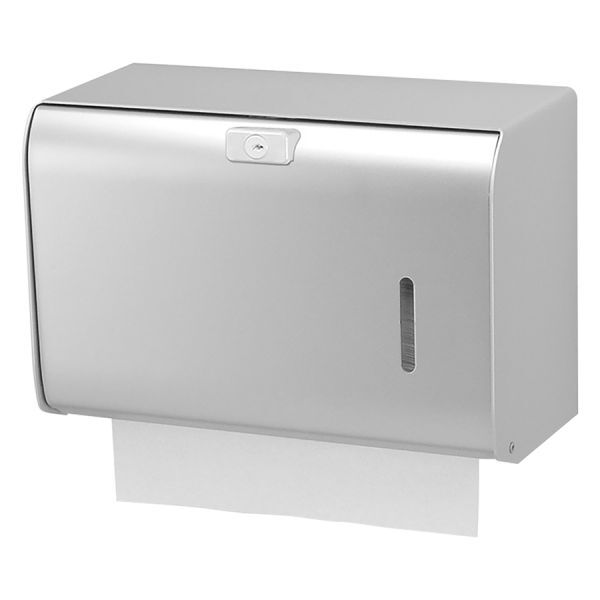 Silberner Aluminium Papierhandtuchspender an weißem Hintergrund
