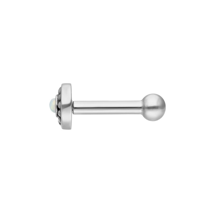 Barbell per Orecchio Tribale in Argento con Opale 1,2mm Barbell per orecchio in argento con opale bianco su sfondo bianco