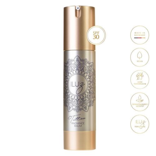 Flacone argento di Radiance Balm con tappo dorato e design Mandala