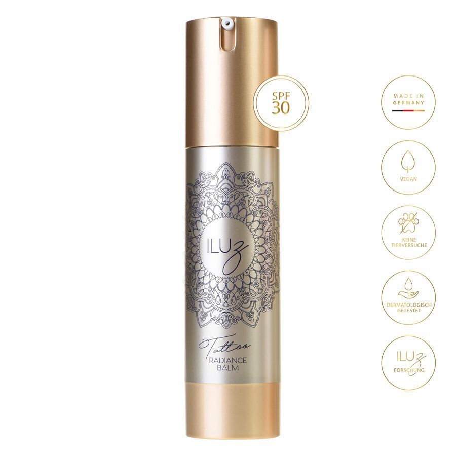 Flacone argento di Radiance Balm con tappo dorato e design Mandala