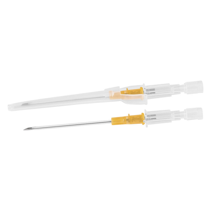 Due piercingnadel in acciaio chirurgico con impugnatura gialla su sfondo bianco