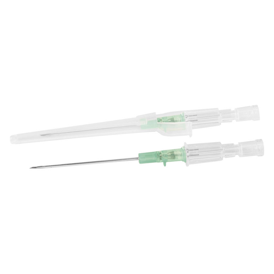 Due aghi da piercing in acciaio chirurgico con impugnature verdi su sfondo bianco