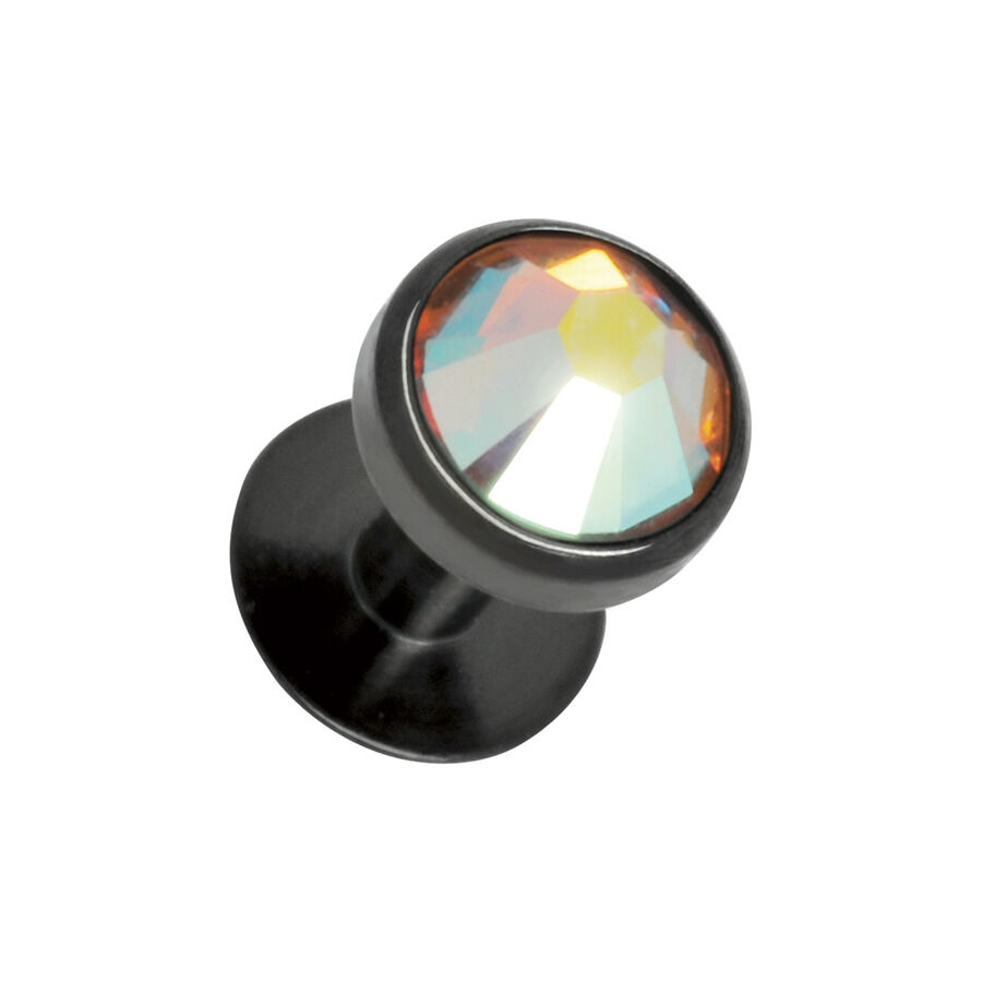 Piercing in titanio con cristallo Aurora Boreale Piercing in titanio nero con grande cristallo Aurora Boreale su sfondo bianco