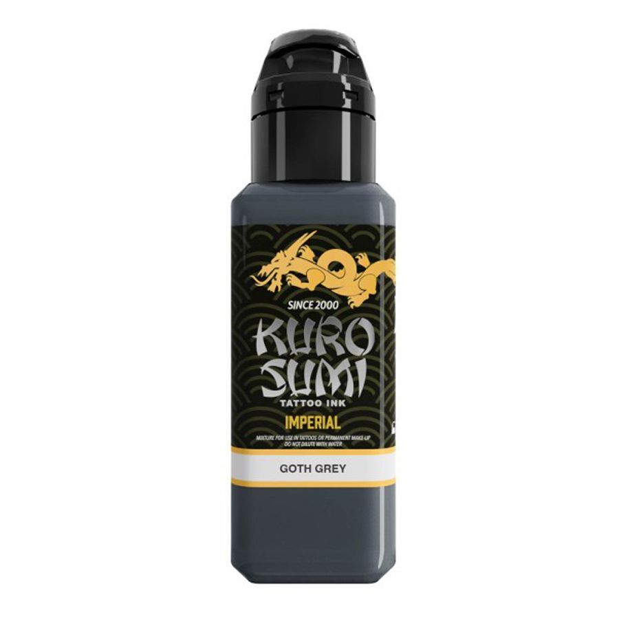 Kuro Sumi Tattoo Inchiostro Goth Grey 44ml Bottiglia di inchiostro per tatuaggi Kuro Sumi in Goth Grey su sfondo bianco