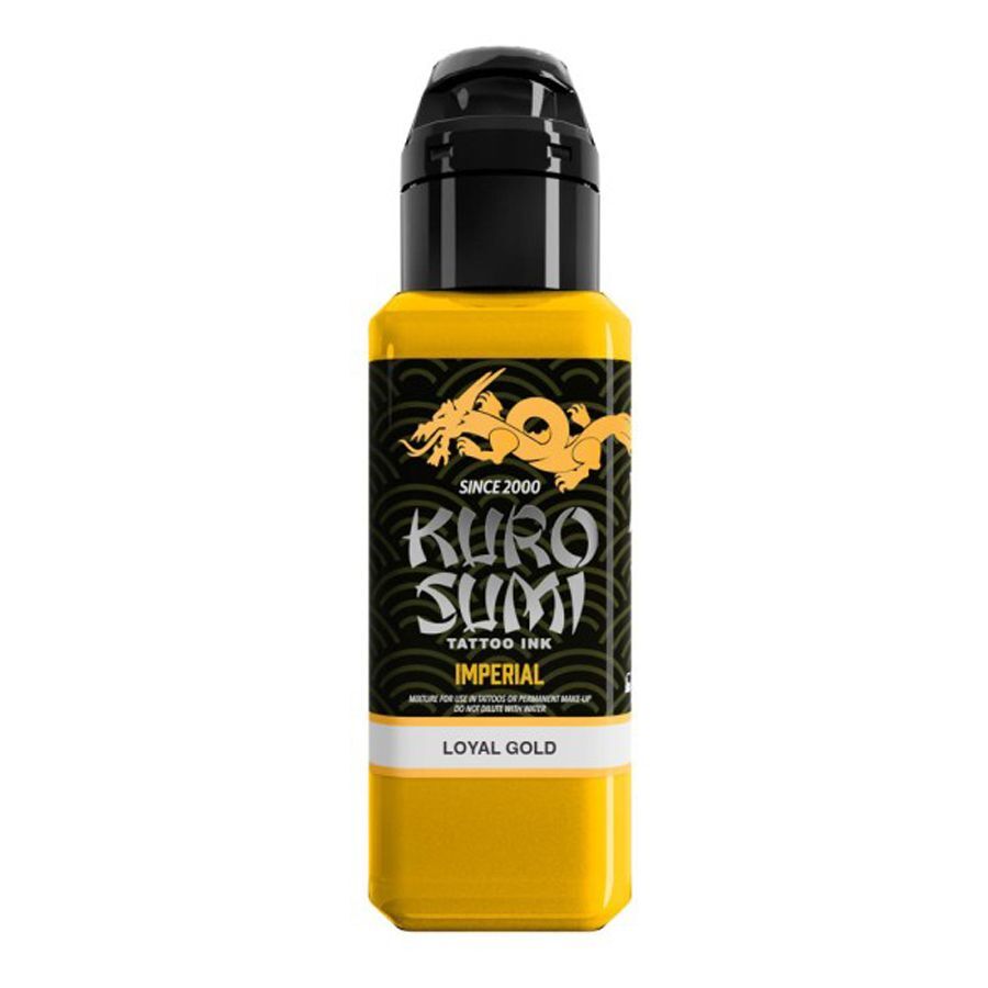Kuro Sumi Loyal Gold Inchiostro per Tatuaggi Giallo Inchiostro giallo Kuro Sumi per tatuaggi in bottiglia con tappo nero su sfondo bianco