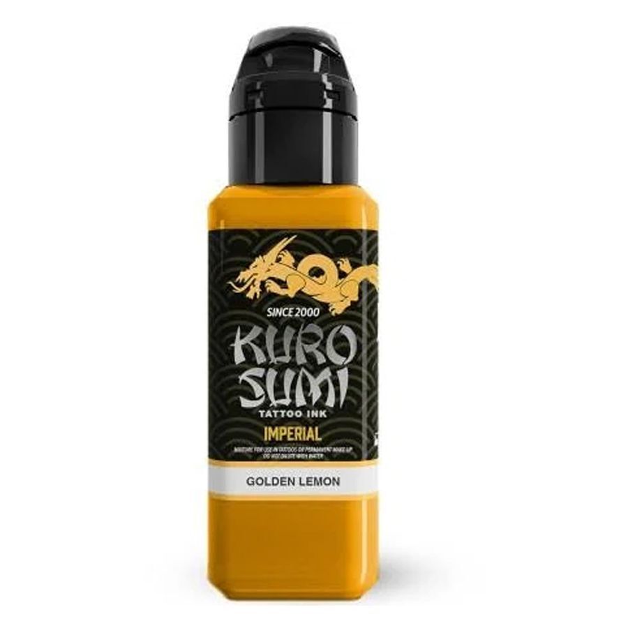 Kuro Sumi Golden Lemon Inchiostro per Tatuaggi 44 ml Inchiostro giallo Kuro Sumi Imperial per tatuaggi in flacone da 44 ml su sfondo bianco