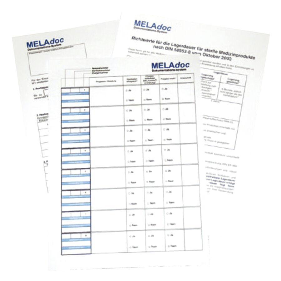 Blocco di documentazione con tabelle e logo Melag su sfondo bianco