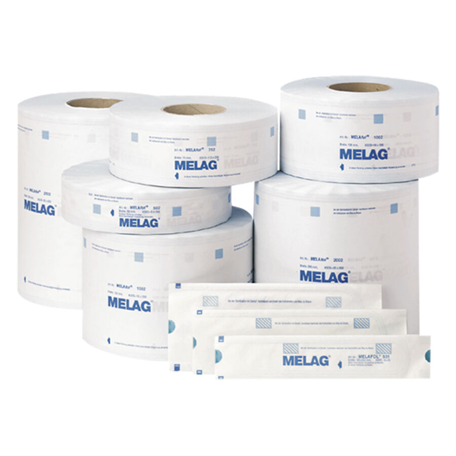 Set di confezioni per sterilizzazione Melag Set di confezioni per sterilizzazione bianche di Melag su sfondo neutro