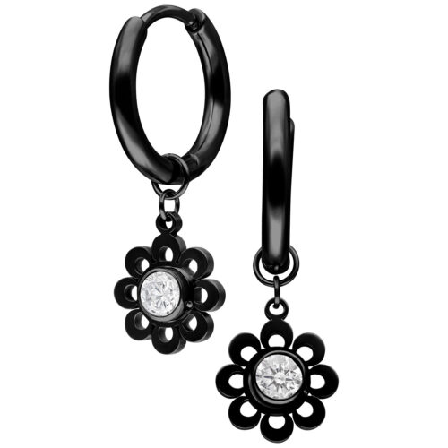 Mini Hoops Crystal Flower Pendente - Nero