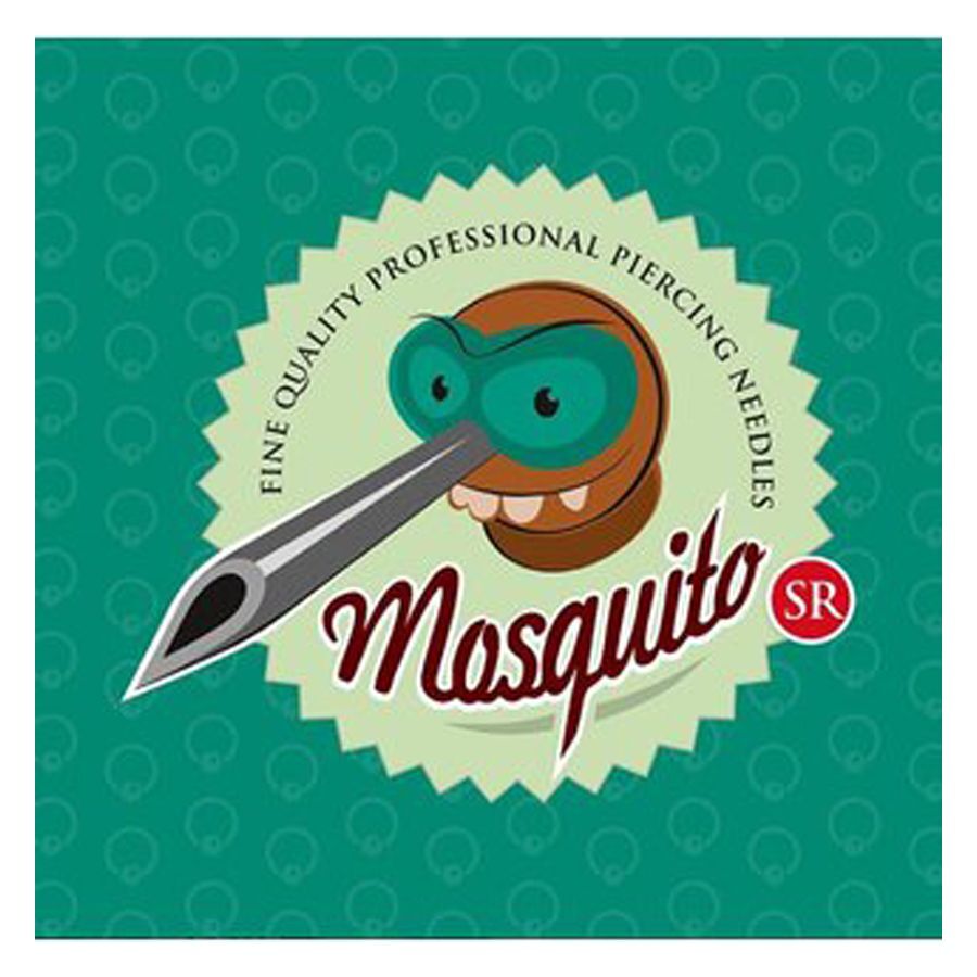 Scatola di Aghi per Piercing Mosquito - Wildcat Scatola verde di aghi per piercing Mosquito con logo e grafica dell'ago