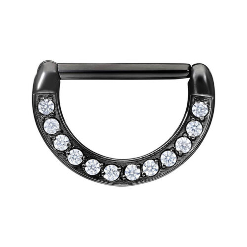 Clicker per capezzolo nero in acciaio chirurgico con cristalli chiari su sfondo bianco