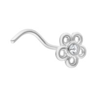 Piercing naso d'argento a forma di fiore con cristallo chiaro su sfondo bianco