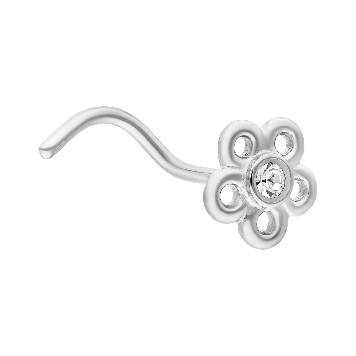 Piercing naso d'argento a forma di fiore con cristallo chiaro su sfondo bianco