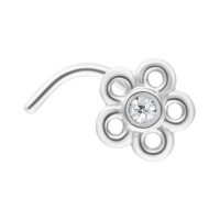 Piercing al naso in argento a forma di fiore con cristallo centrale su sfondo bianco