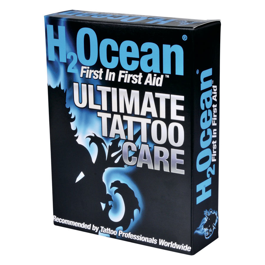 Confezione nera con scritta blu e motivo di drago, logo H2Ocean