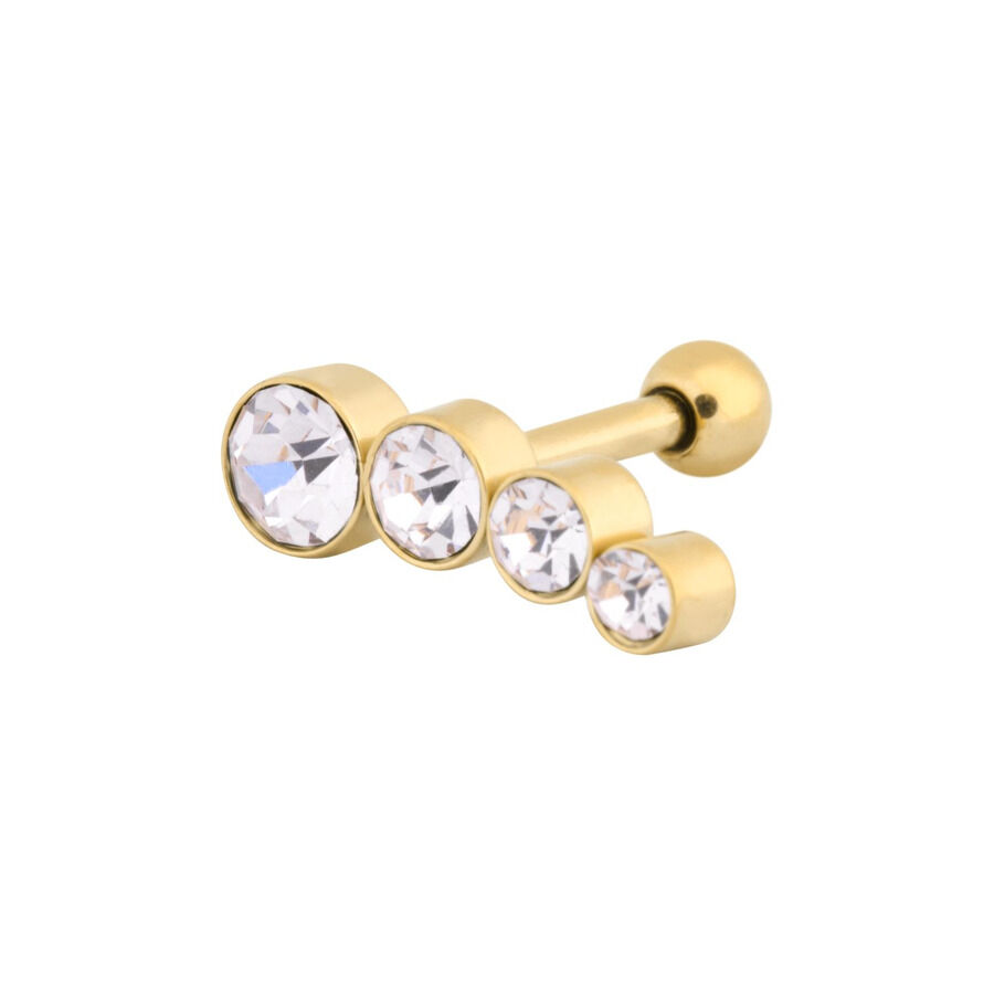 Barbell d'oro per l'orecchio con 4 cristalli rotondi Barbell d'oro per l'orecchio con quattro cristalli rotondi e cristallini su sfondo bianco