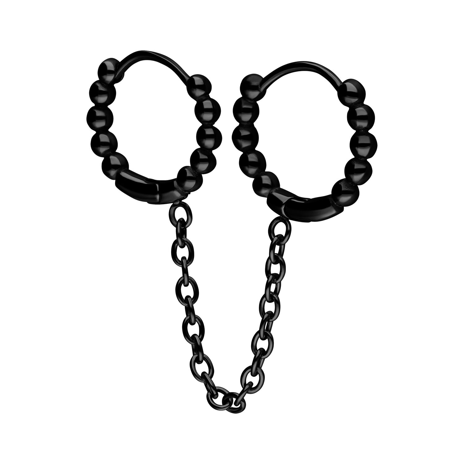 Orecchini Double Huggie Ball neri con catena collegata su sfondo bianco