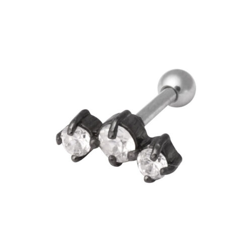 Barbell Orecchio 3 Cristalli Acciaio Argento - Nero