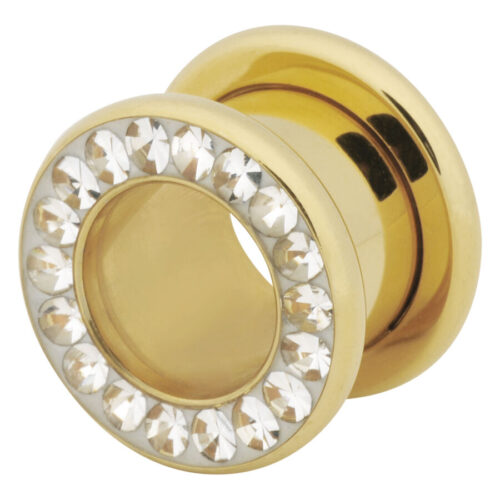 Goldener Chirurgenstahl-Tunnel mit klaren Kristallen auf weißem Hintergrund