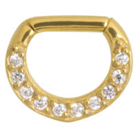 Goldener Septum Clicker mit klaren Kristallen auf weißem Hintergrund