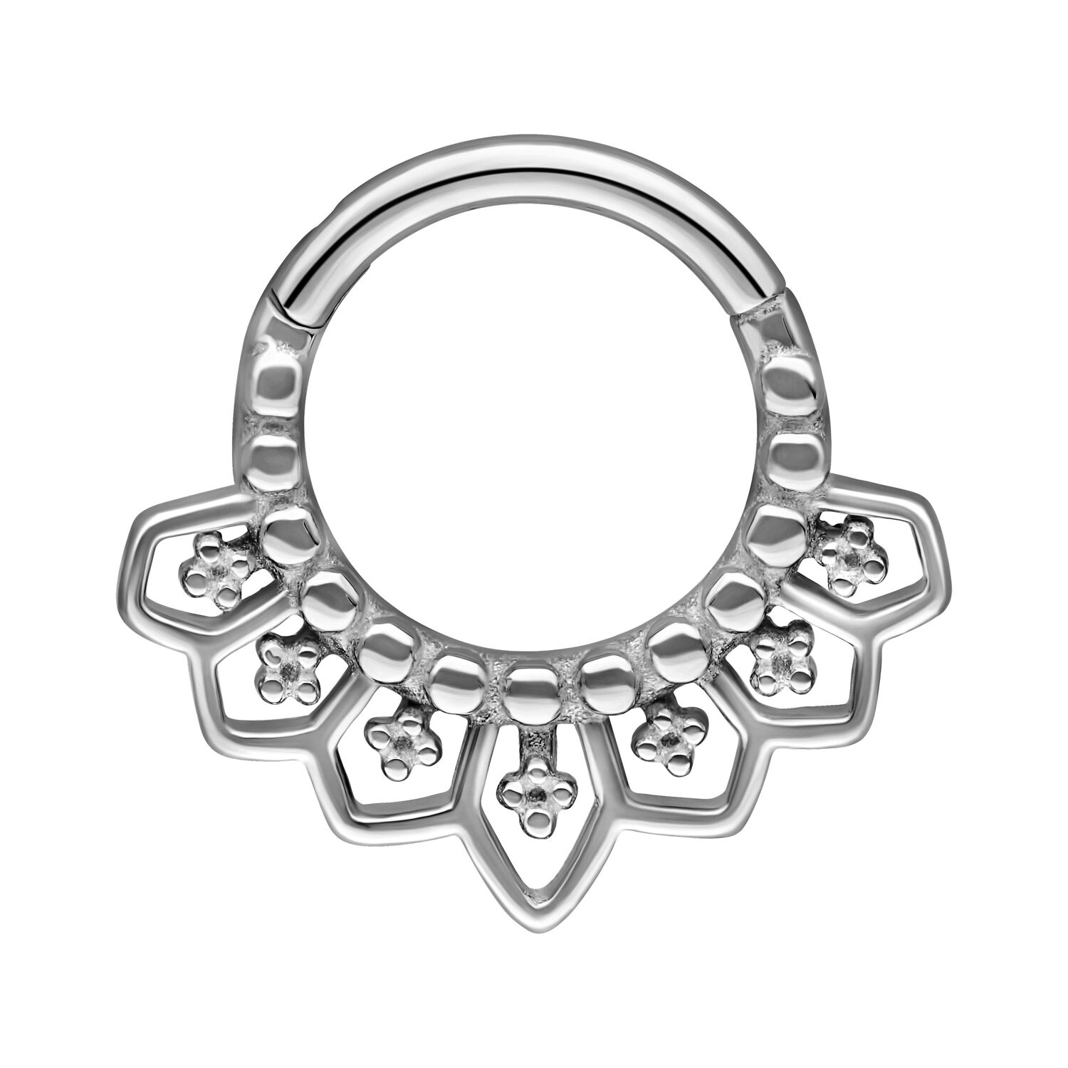 Clicker Septum argento con design cattedrale giocoso su sfondo bianco