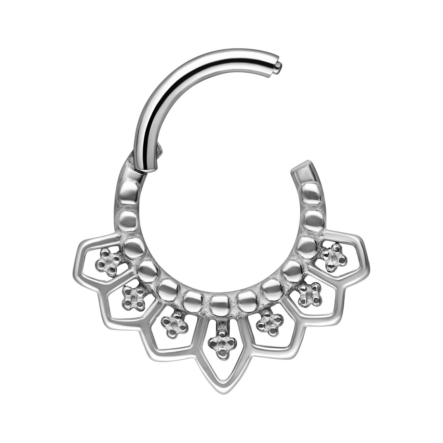 Clicker per septum in argento con design floreale su sfondo bianco