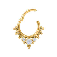 Anello piercing dorato con cristalli chiari su sfondo bianco