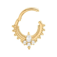 Anello piercing Oriental Drop Clicker oro con pietre cristalline su sfondo bianco