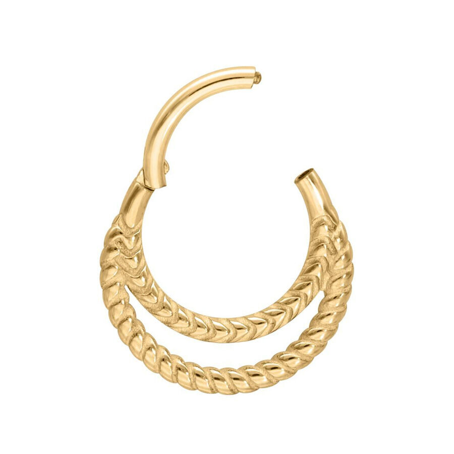 Clicker Piercing doppio intrecciato dorato su sfondo bianco