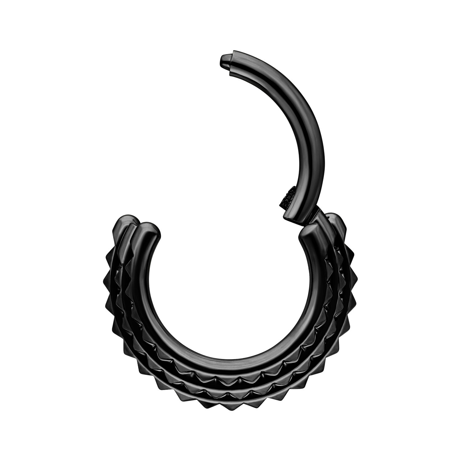 Triplo Spike Septum Clicker nero con cerniera aperta su sfondo bianco