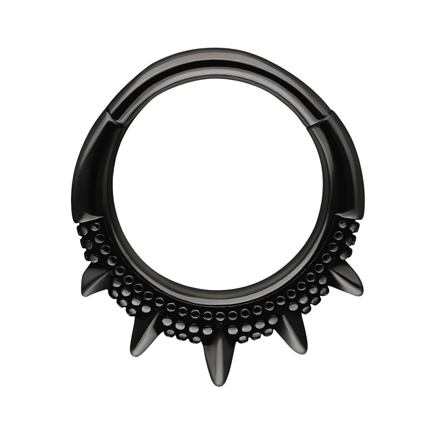 Anello piercing nero con borchie su sfondo bianco