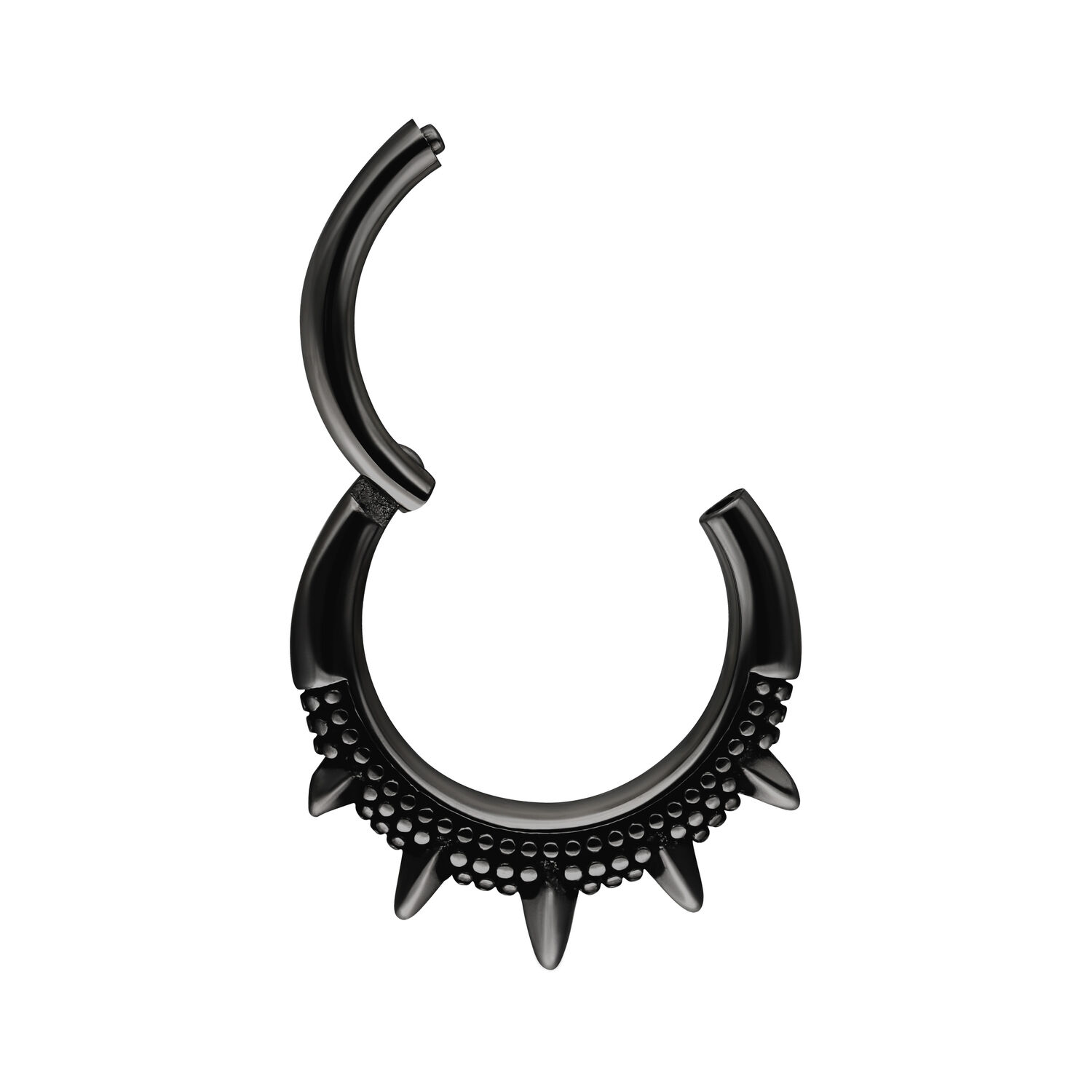 Clicker nero per septum in acciaio chirurgico con punte su sfondo bianco