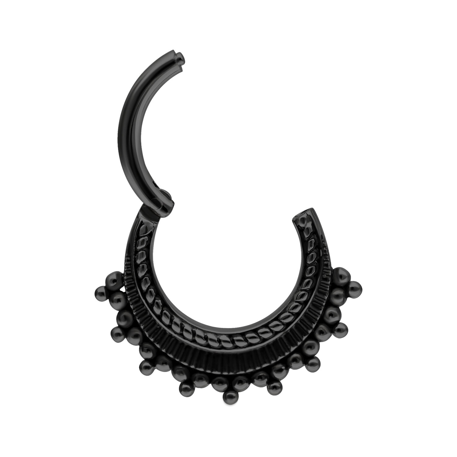 Anello piercing nero in acciaio chirurgico con design a sfera su sfondo bianco