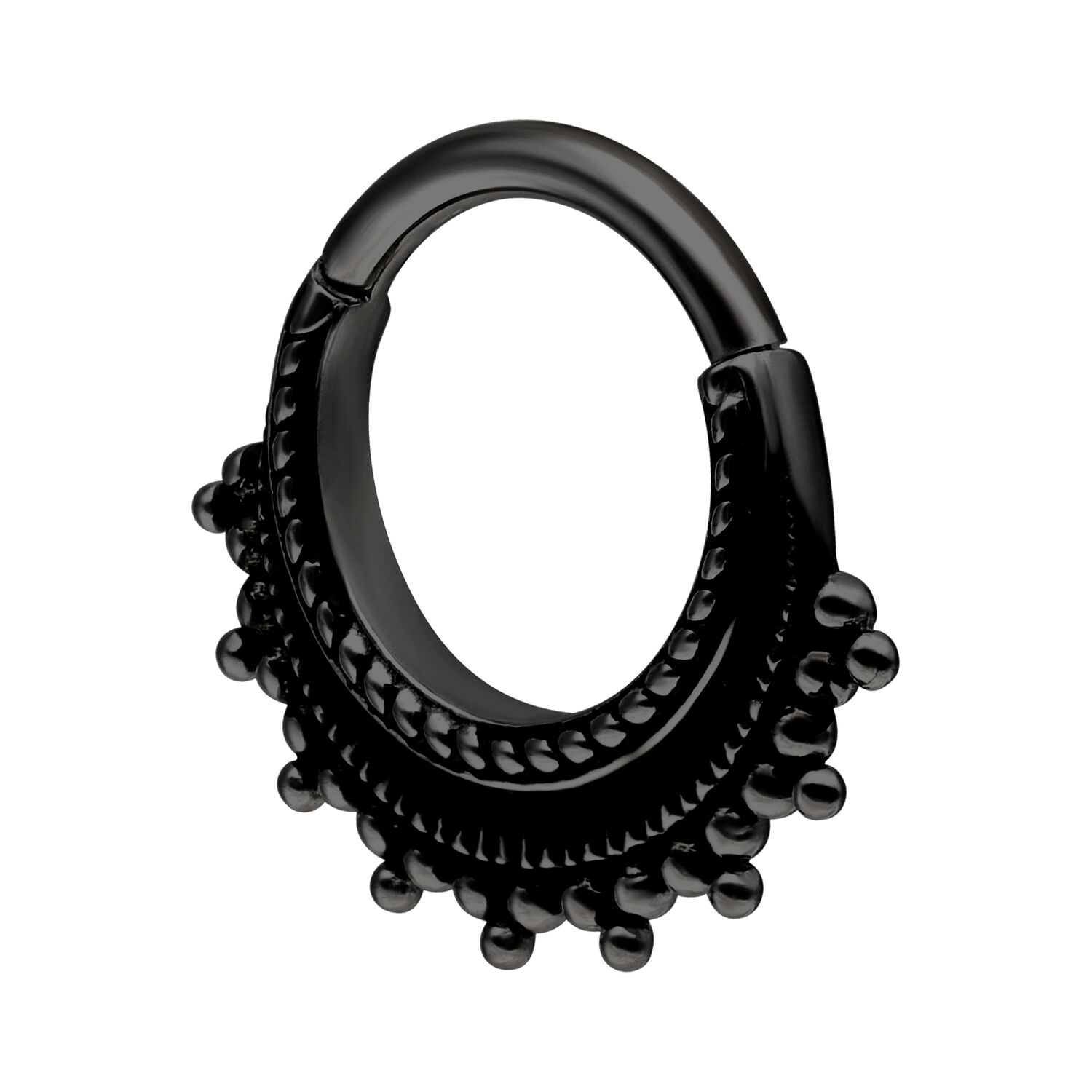 Anello piercing nero in acciaio chirurgico con decorazione a sfera su sfondo bianco