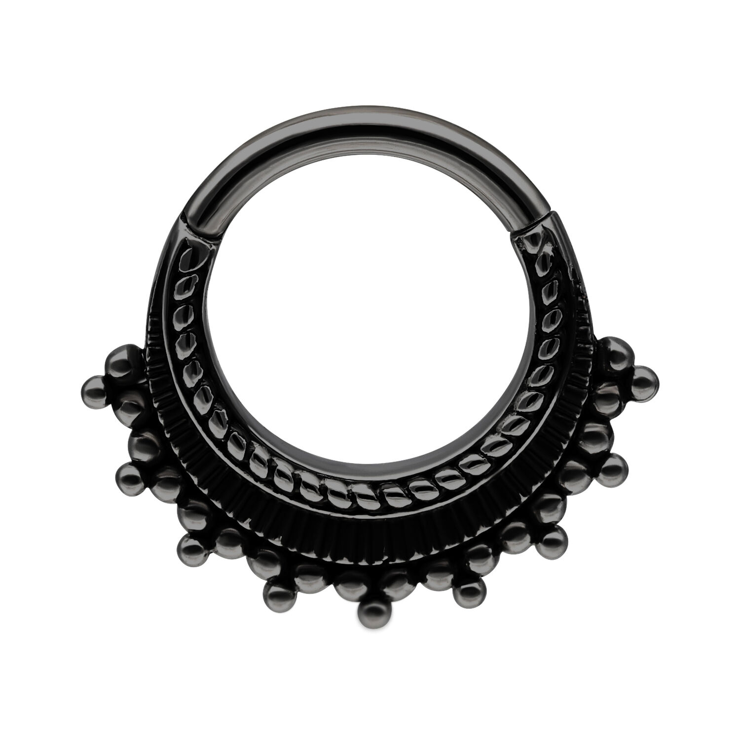 Anello piercing nero in acciaio chirurgico con sfere decorative su sfondo bianco
