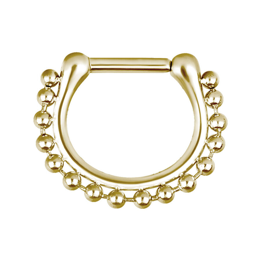 Clicker per Setto in Oro 1,6 mm Spessore Clicker per setto in oro con spessore di 1,6 mm e diametro interno di 8,0 mm su sfondo bianco