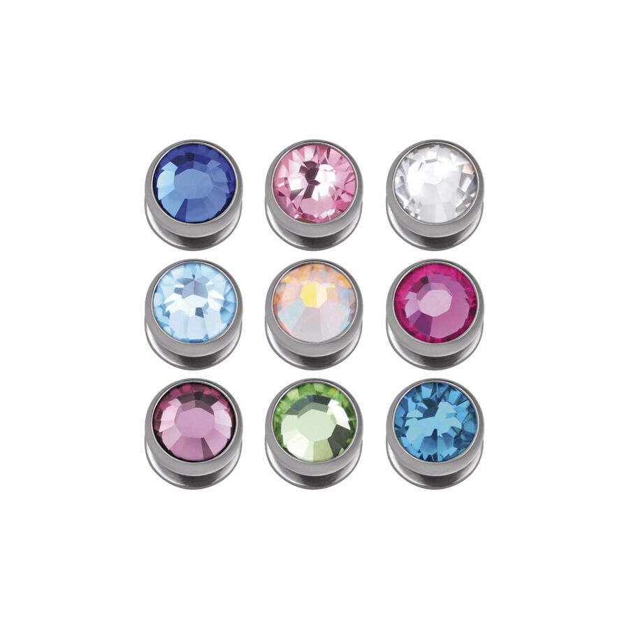 Nove skindiver argentati con cristalli colorati su sfondo bianco