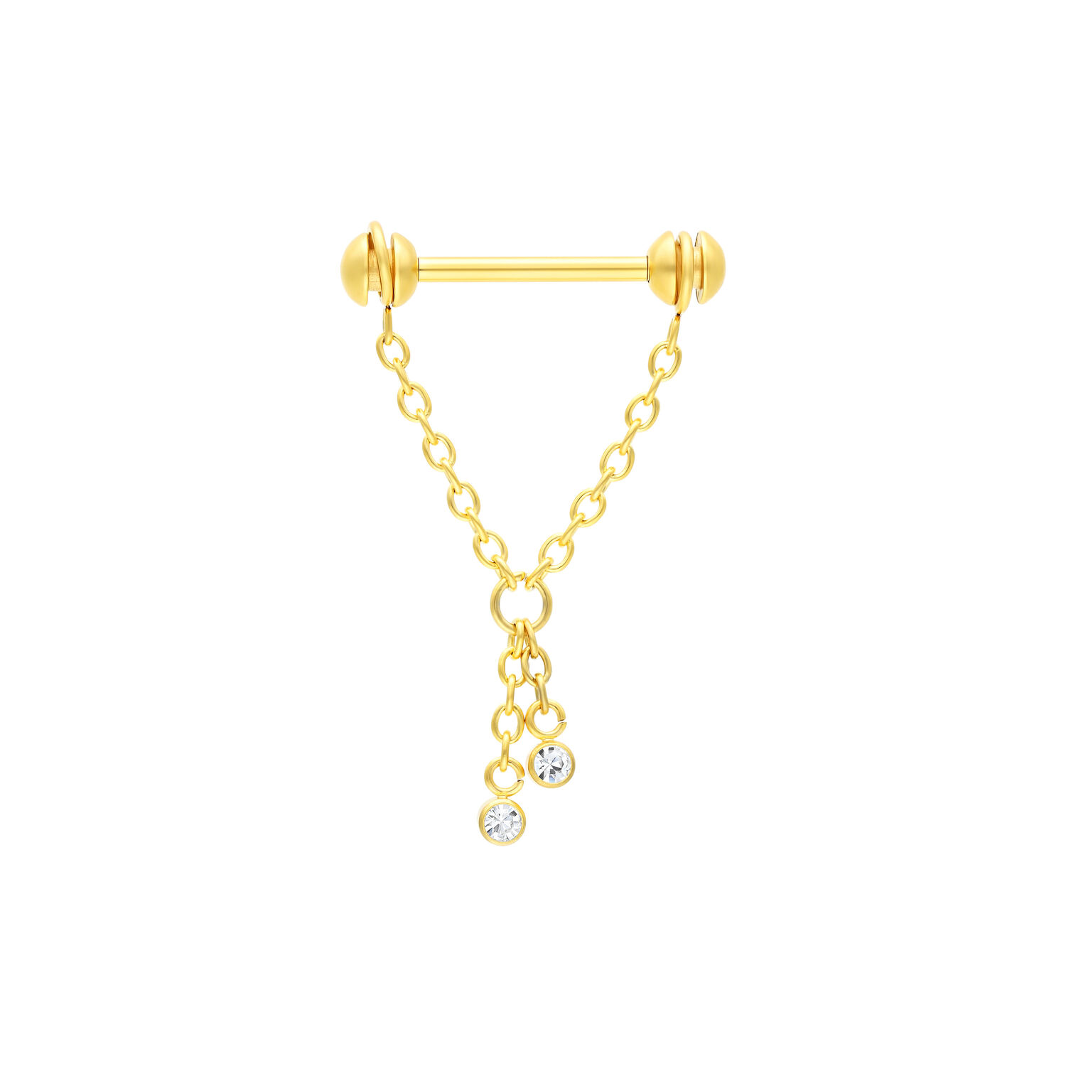 Barbell dorato per capezzolo con catene di cristallo Barbell dorato per capezzolo con due catene di cristallo pendenti su sfondo bianco