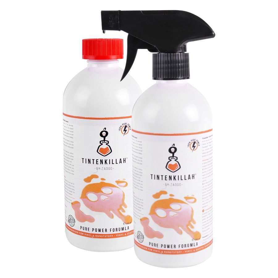 Due bottiglie TADOO Tintenkillah, una con tappo rosso e una con spruzzatore nero, su sfondo bianco
