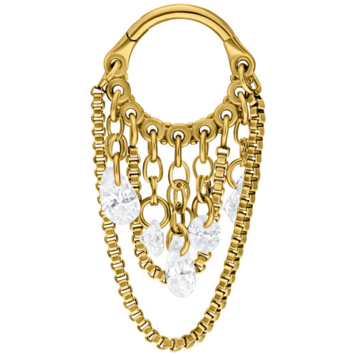 Goldener Piercing-Clicker mit klaren Kristallen und Schlangenkettendesign auf weißem Hintergrund