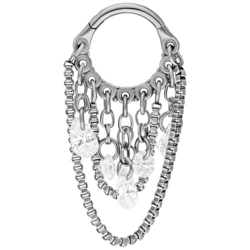 Silberner Titan-Piercingring mit hängenden Kristallen auf weißem Hintergrund