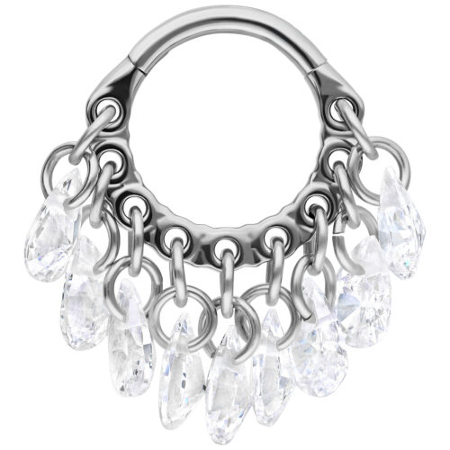 Silberner Hinged Ring aus Titan mit klaren Kristallen auf weißem Hintergrund