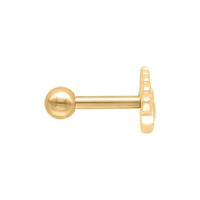 Barbell piercing d'oro con design a occhio interno su sfondo bianco