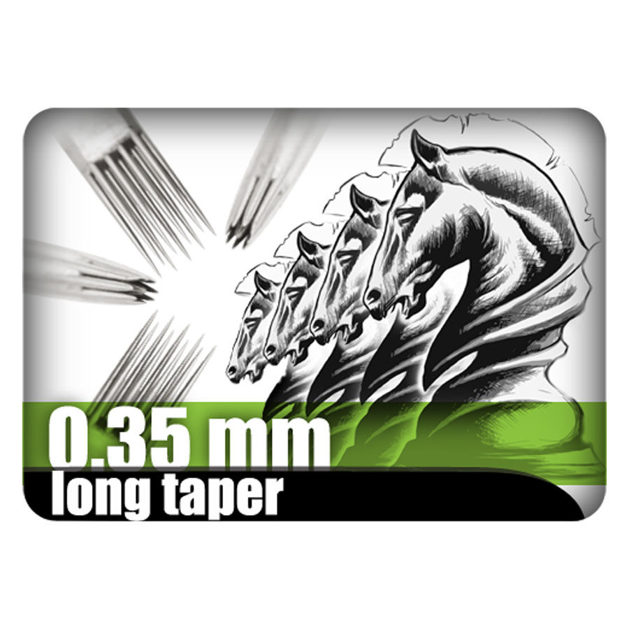 Aghi per tatuaggi Kwadron Round Liner 0.35 mm, design con quattro cavalli degli scacchi